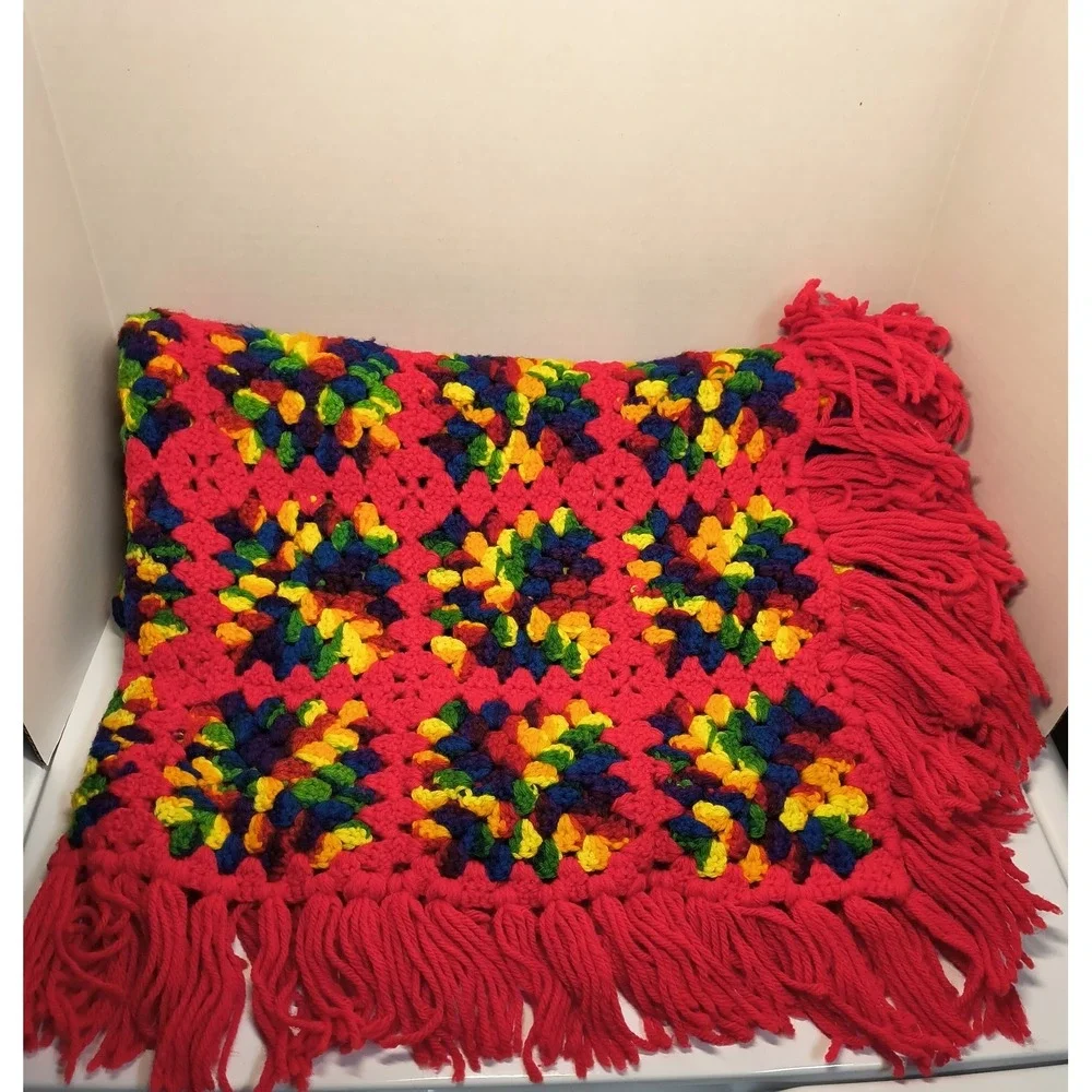 Handmade Granny Square Afghan Crochet Throw‎ Blanket Fringe 3x4 Red Yellow Green
